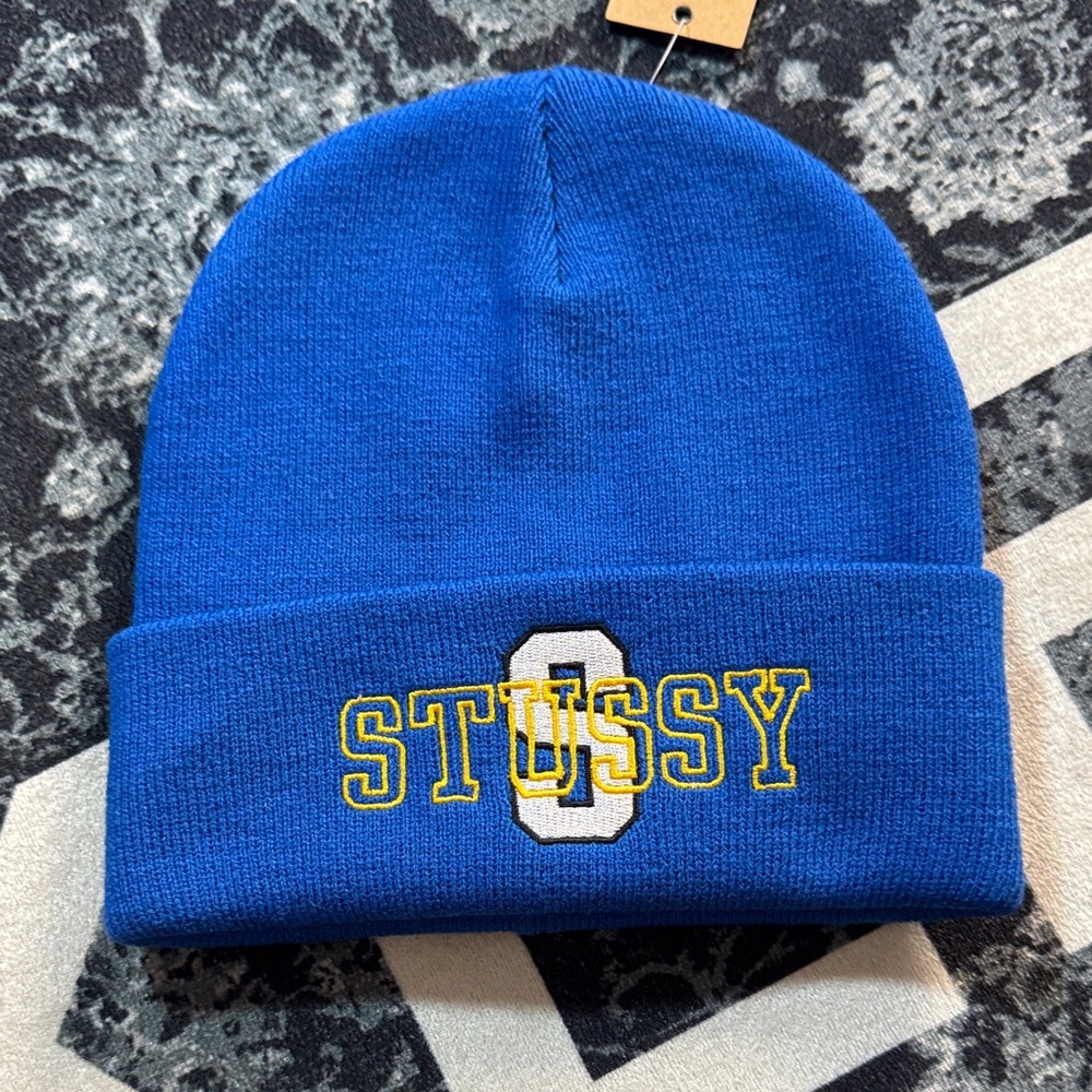 Stussy Royal Blue Knit Beanie with Yellow Outline Logo